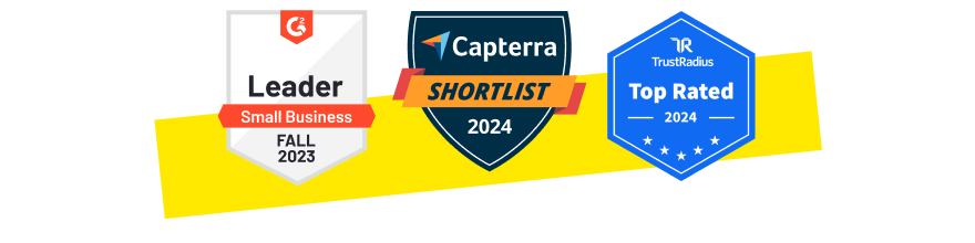 Badges voor awards van G2, Capterra en TrustRadius.
