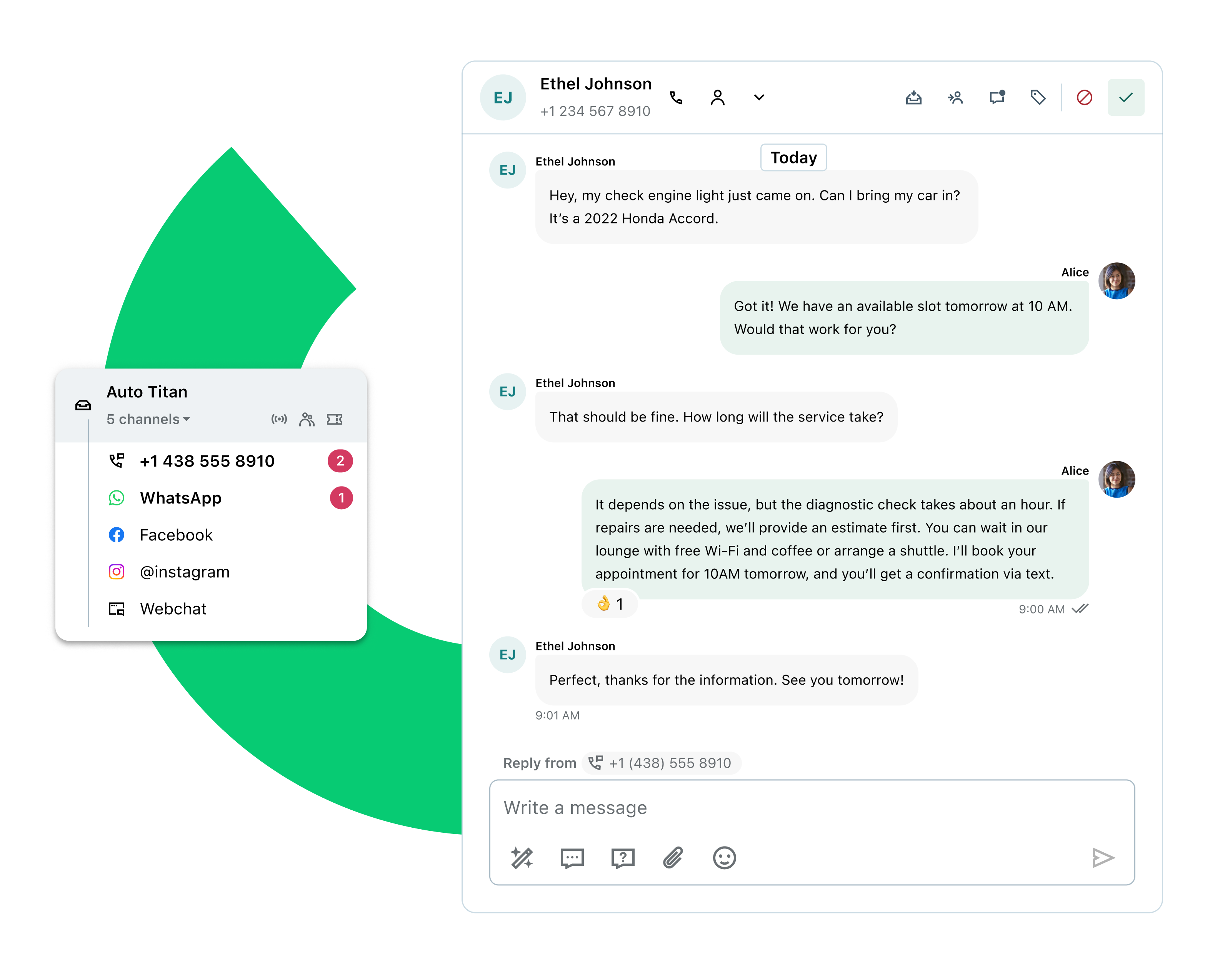 Chat interface displaying an agent and client conversation, integrated with multiple communication channels, including WhatsApp, social, SMS, and web chat.