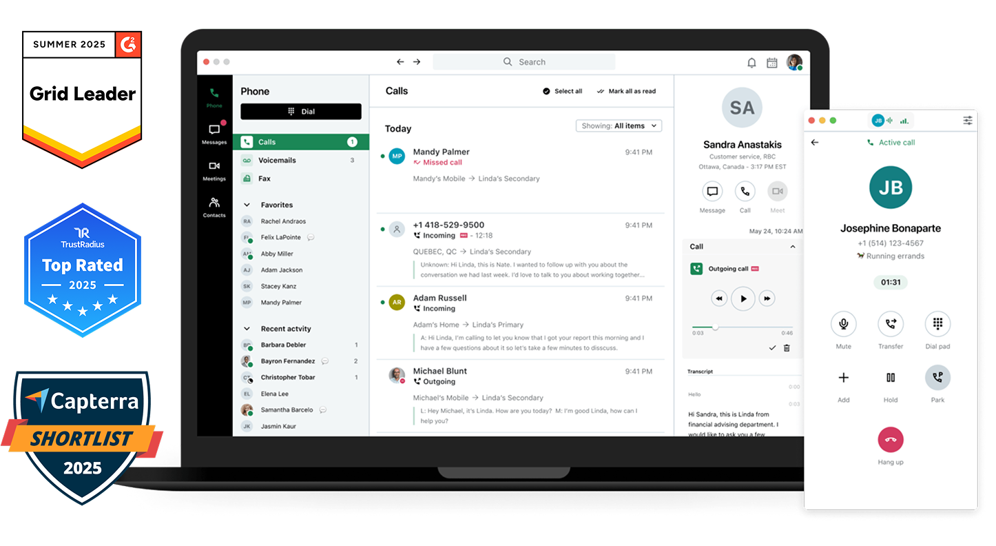 Afbeelding van het contactcenterdashboard  van GoTo Connect, met badges voor G2 Leader Fall 2023, TrustRadius Best Value of Price van 2023 en Capterra Shortlist 2023