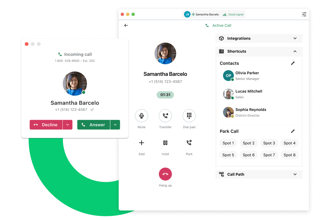 Interfaccia che mostra il softphone reattivo di GoTo Connect che consente di mostrare le funzionalità più importanti per l'utente.