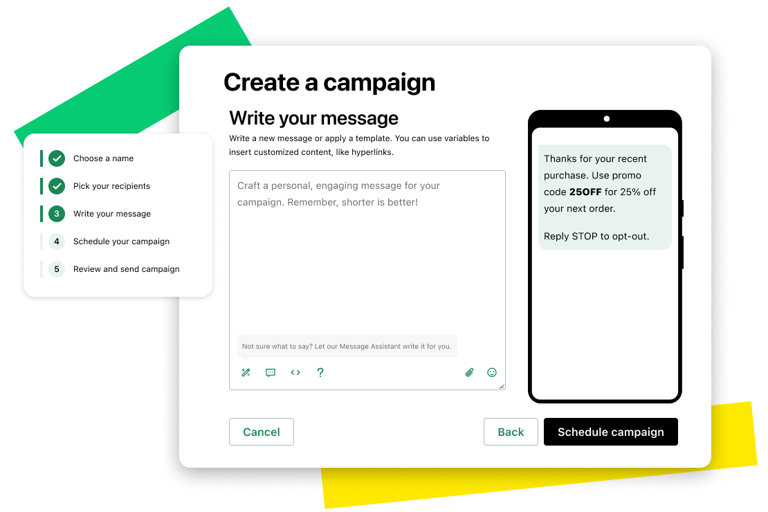 Screen showing SMS campaign creation capabilities with GoTo Connect Customer Engagement.