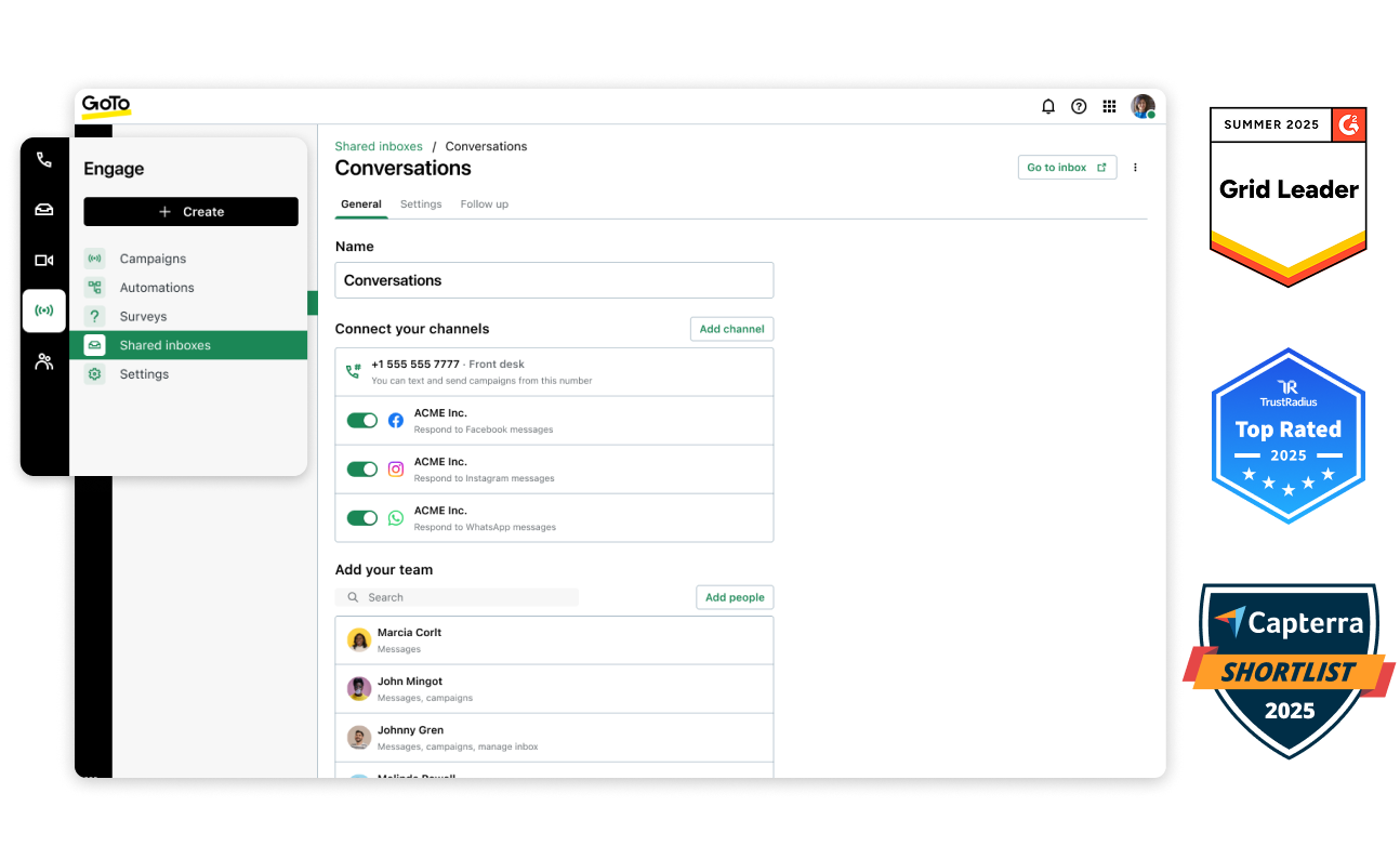 Imagen del panel de control del centro de contacto de GoTo Connect, en el que aparecen las insignias de G2 Leader Fall 2023, TrustRadius Best Value of Price of 2023 y Capterra Shortlist 2023.