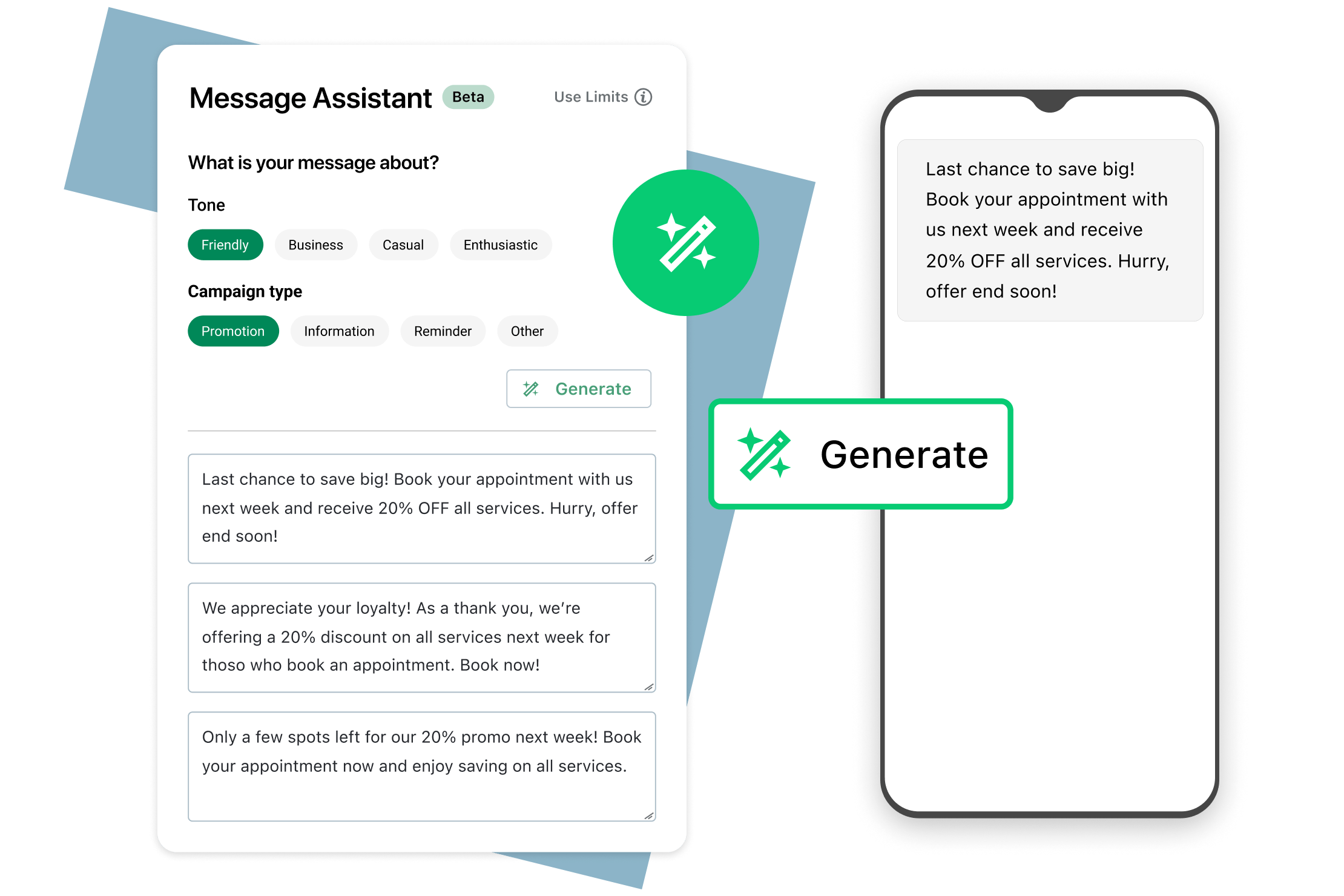 Collage of GoTo Connect AI Messaging Assistant, Generate.