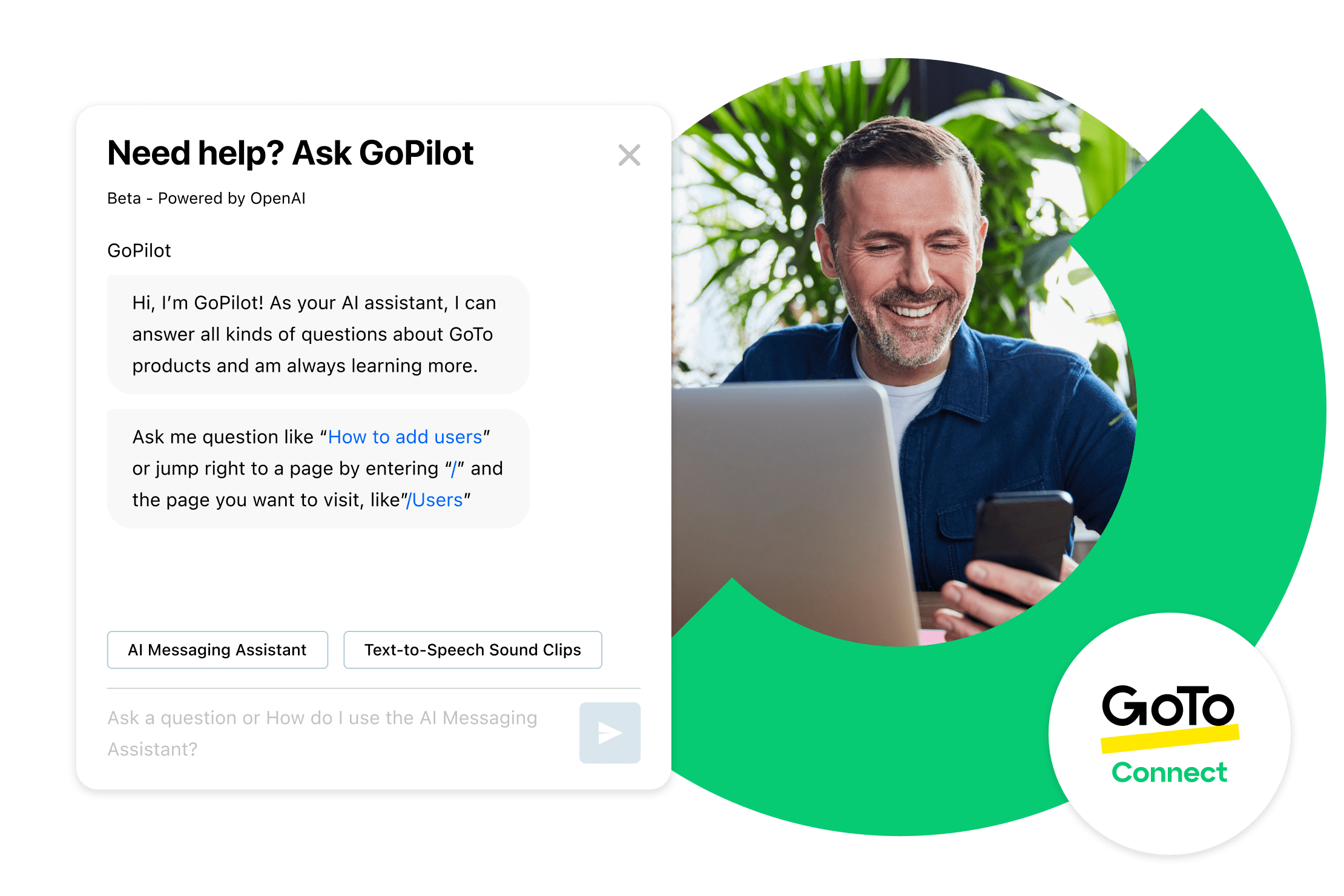 Montage d'images montrant un homme souriant qui regarde son téléphone tout en travaillant sur un ordinateur portable, et qui découvre l'assistance à base d'IA.