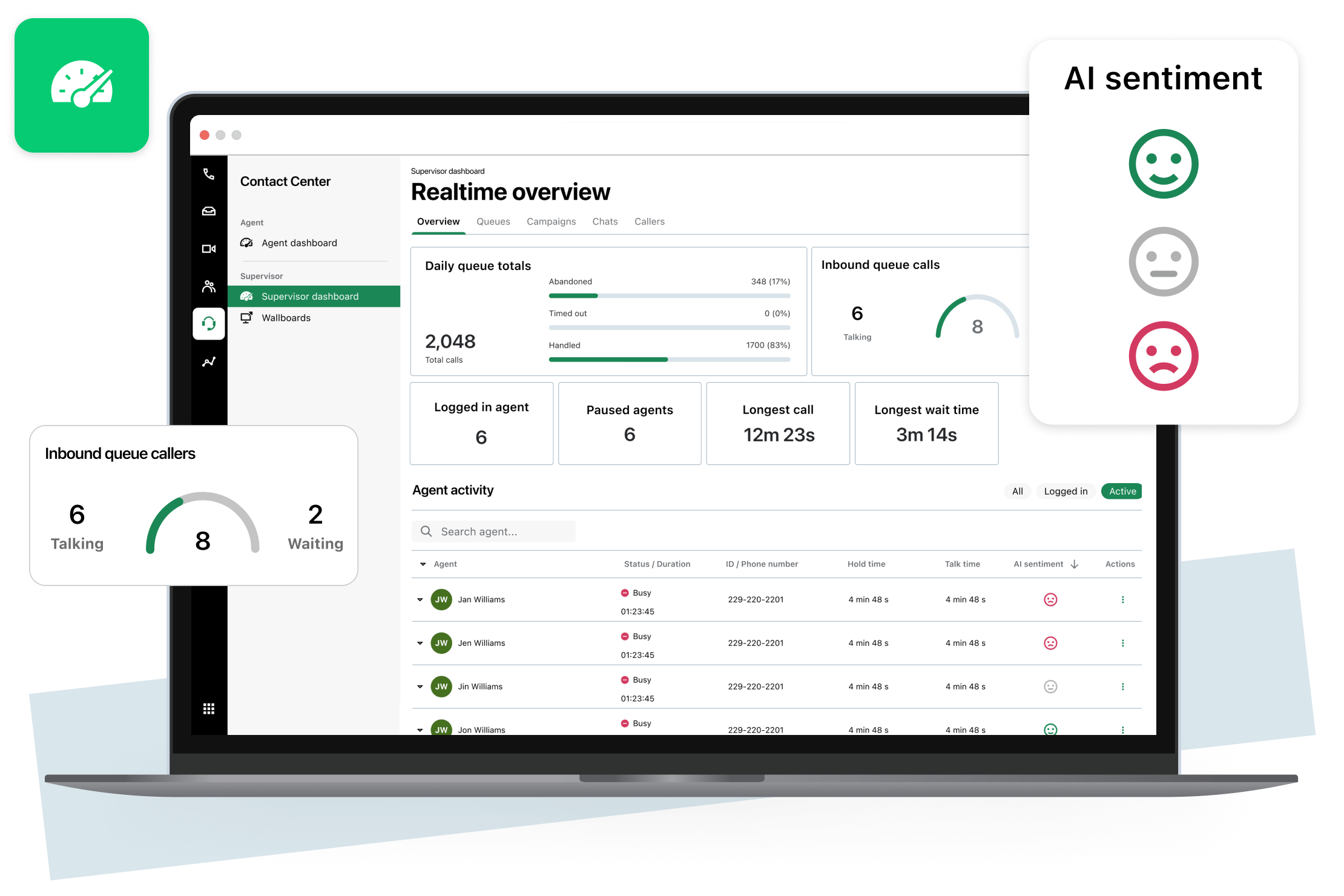 AI Chat Analysis interface displayed on a laptop, showing real-time evaluation of customer sentiment.