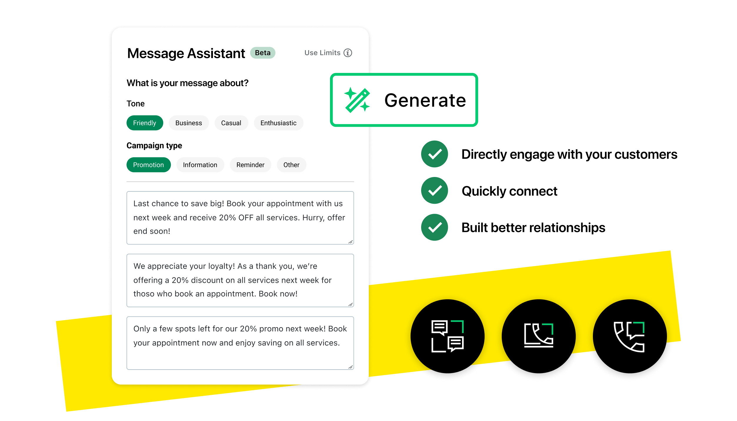 Collage of GoTo Connect AI Messaging Assistant, Generate.