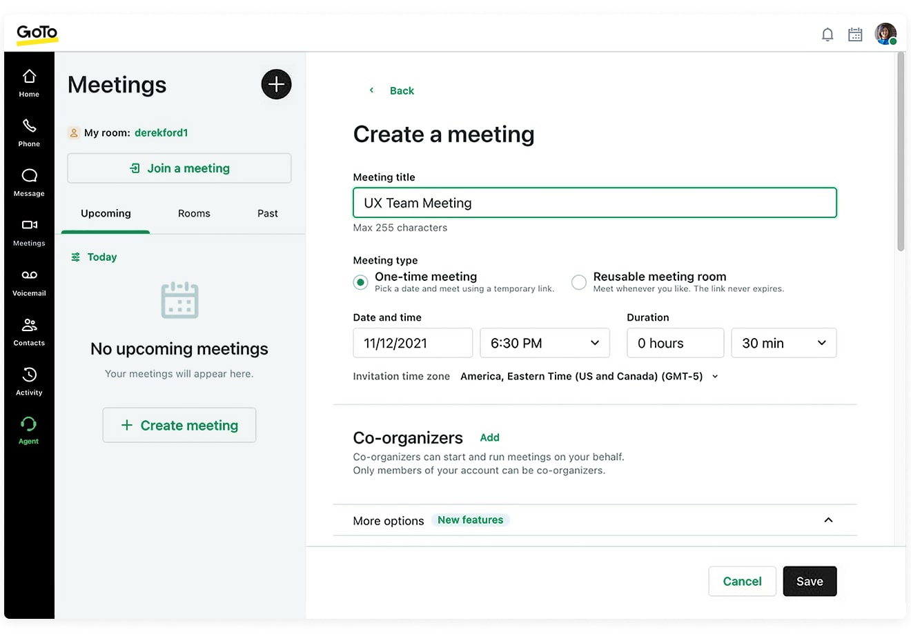Scheduling a meeting time in GoToConnect