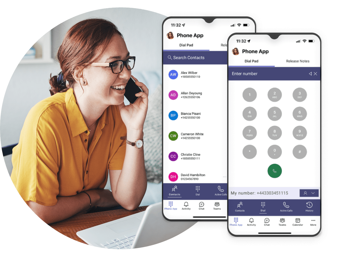 Woman laughing on the phone with screens showing the MS Teams App for mobile devices.