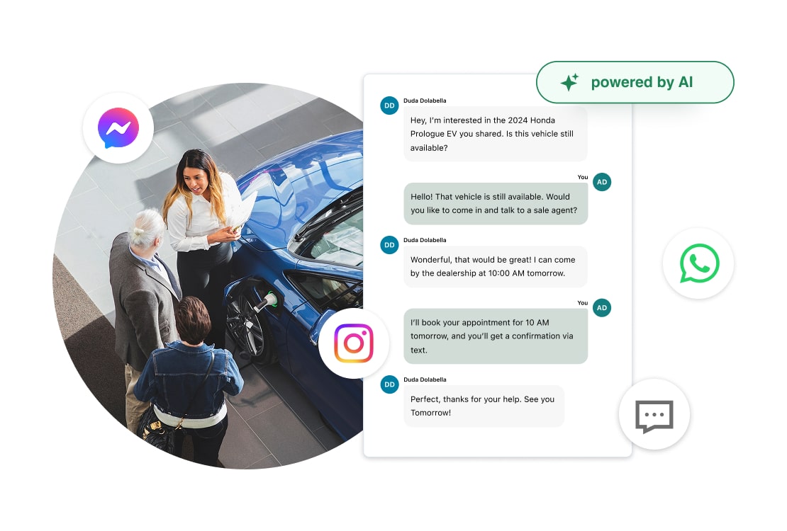 La plataforma todo en uno de GoTo Connect, diseñada para las comunicaciones en el sector de la automoción, ofrece conversaciones entre agentes y clientes integradas con múltiples canales de comunicación, como WhatsApp, redes sociales, SMS y chat web.