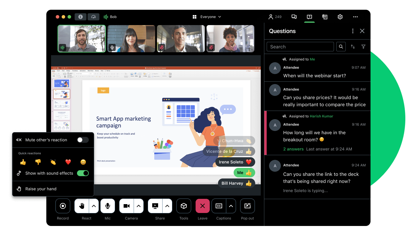 Interfaz de GoTo Webinar que incluye miniaturas de vídeo de los participantes, preguntas en el chat en directo y reacciones interactivas.