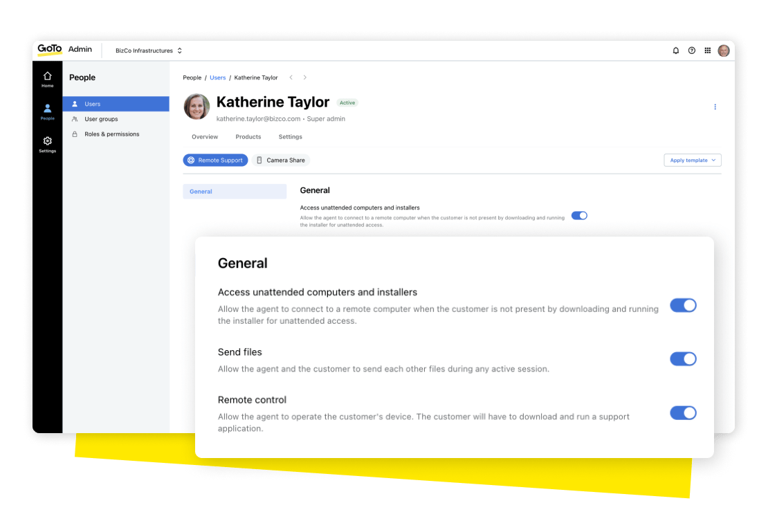 GoTo Admin simplifies the set up process by customizing agent level premissions and managing user setup.