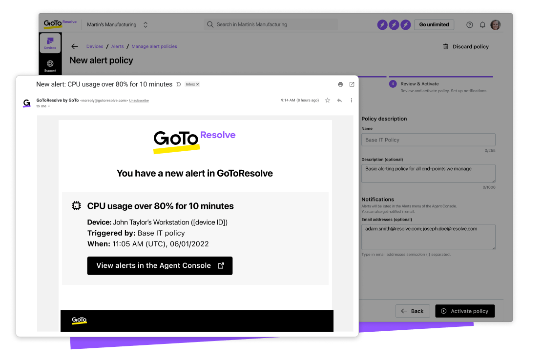 IT Alert email notification from GoTo Resolve’s RMM software showing CPU usage for a user’s device is over 80%.