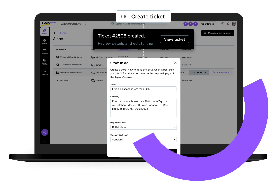 Create an IT ticket right from an IT alert notification in GoTo Resolve’s RMM software.