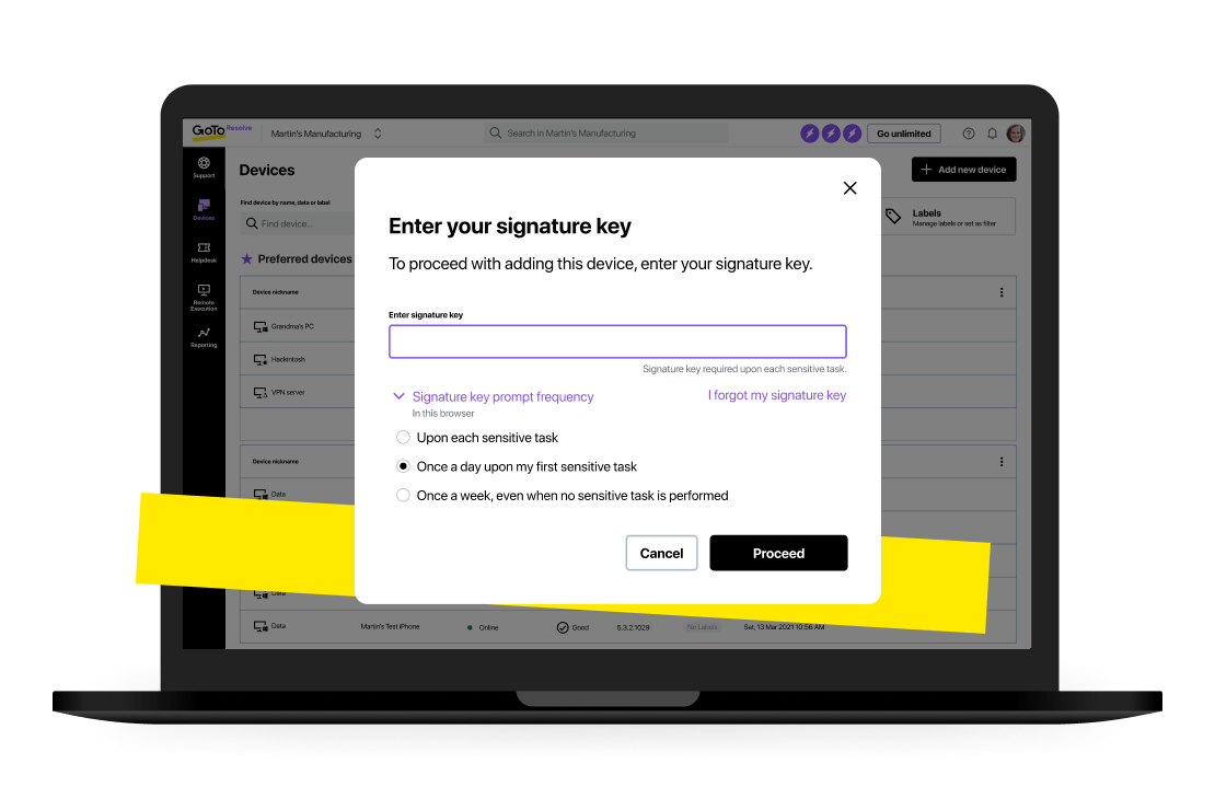 GoTo Resolve gebruikt unieke toegangscontroles met zero trust die we zelf hebben ontwikkeld voor beveiligde uitvoering op afstand.