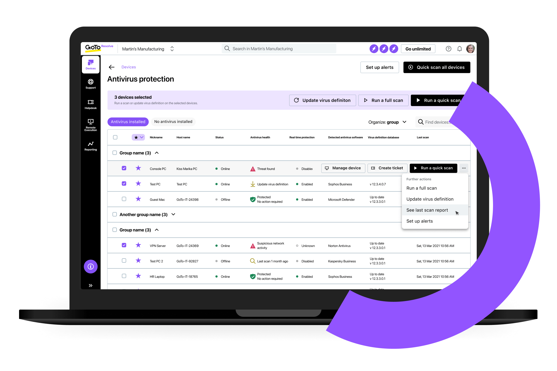 Visualizzazione sullo schermo della schermata generale "Dispositivi" di GoTo Resolve, che mostra tutti gli endpoint e i loro aggiornamenti dell'antivirus.