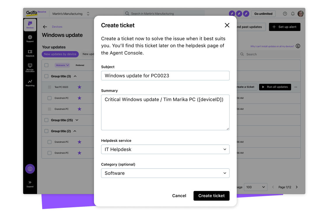GoTo Resolve’s create ticket feature with a note to deploy a patch to a device remotely.