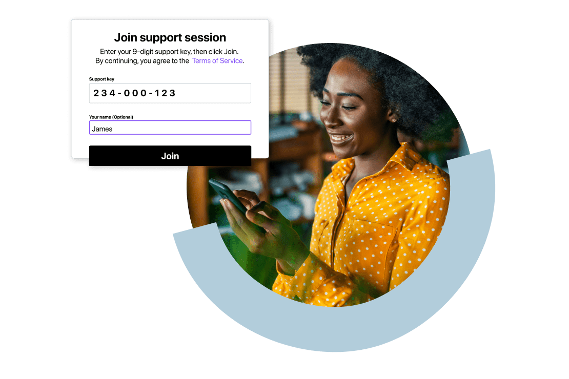 Young professional looking at cellular phone and smiling, accompanied by a GoTo Resolve interface example showcasing the ability to join a support session from virtually any device.