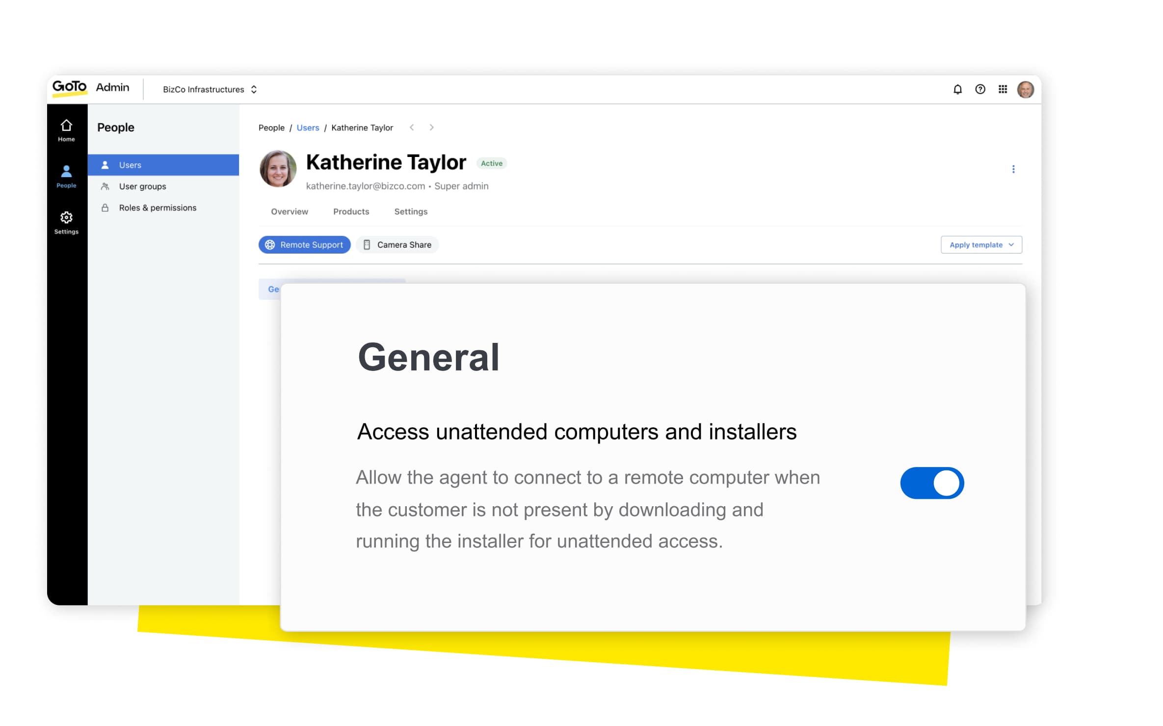 Migliora l'efficienza e la sicurezza, ovunque si svolga il lavoro. Con l'accesso remoto non presidiato è possibile gestire i problemi quando è più comodo sia per il dipendente che per l'agente, anziché disconnettere un dispositivo in un momento non opportuno. 
