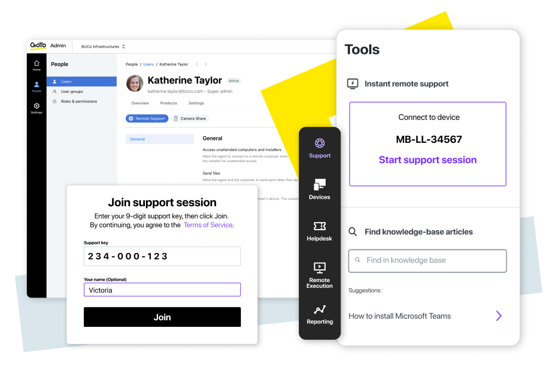 Escenarios de asistencia remota con la interfaz GoTo Admin.