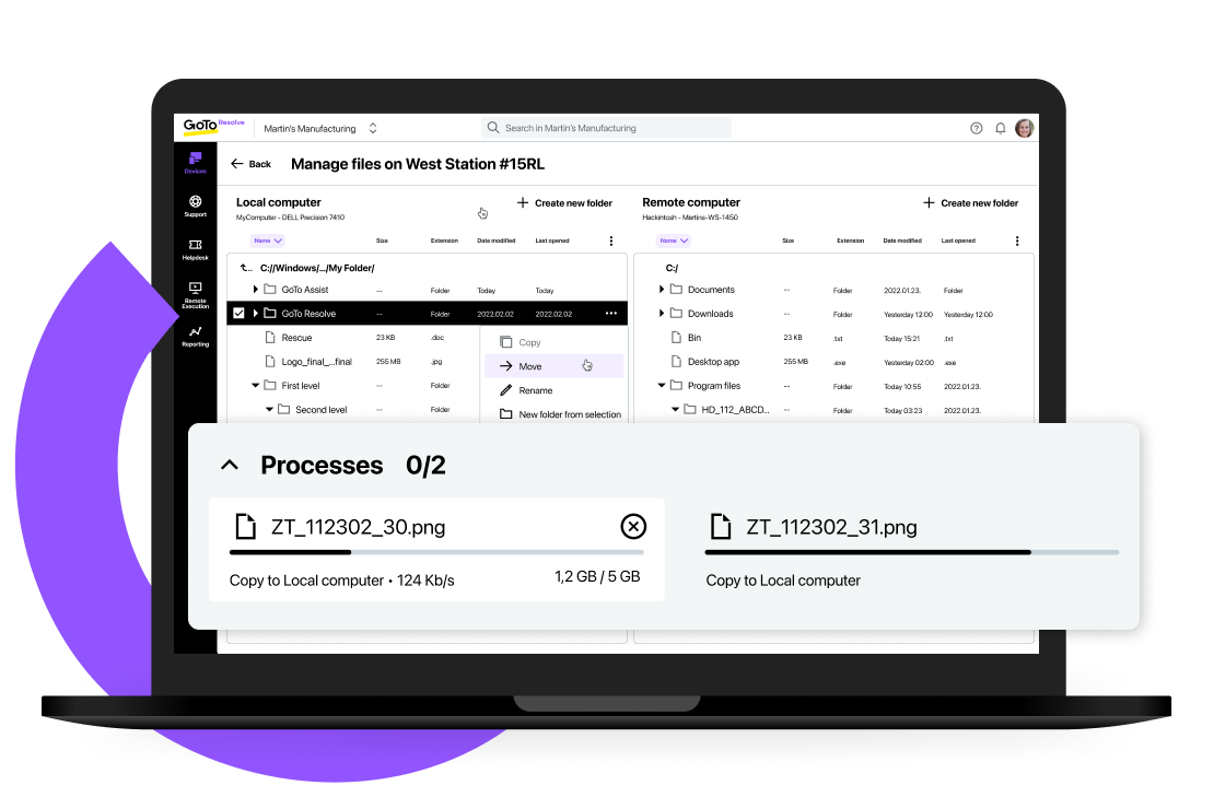  Laptopscherm met eenvoudige bestandsoverdracht in GoTo Resolve.