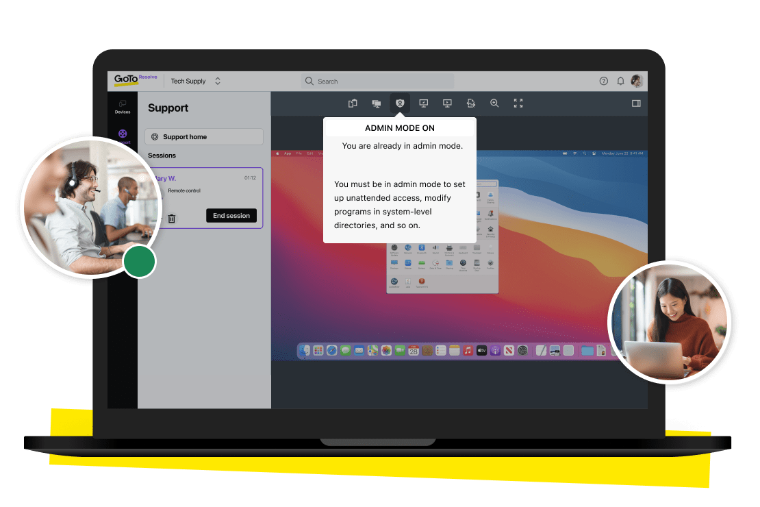 Laptopscherm met het implementatieproces en taakbeheer in de beheermodus van GoTo Resolve.