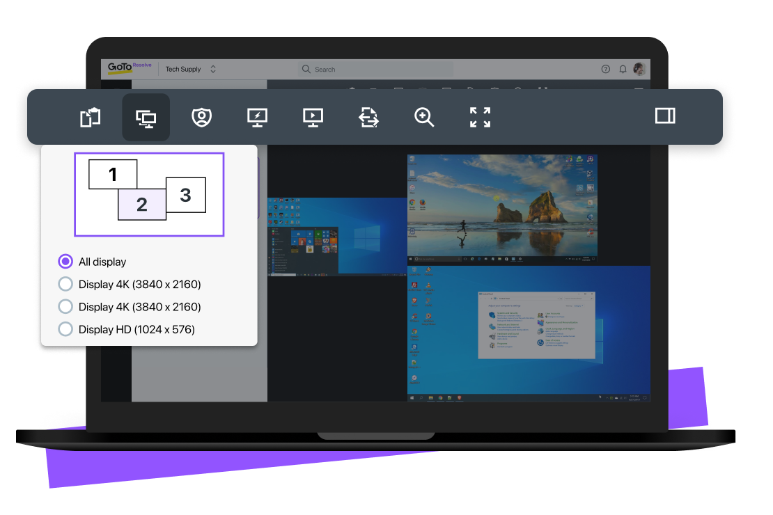 Laptopscherm met instructies voor het kiezen van een favoriete monitor tijdens een ondersteuningssessie op afstand.
