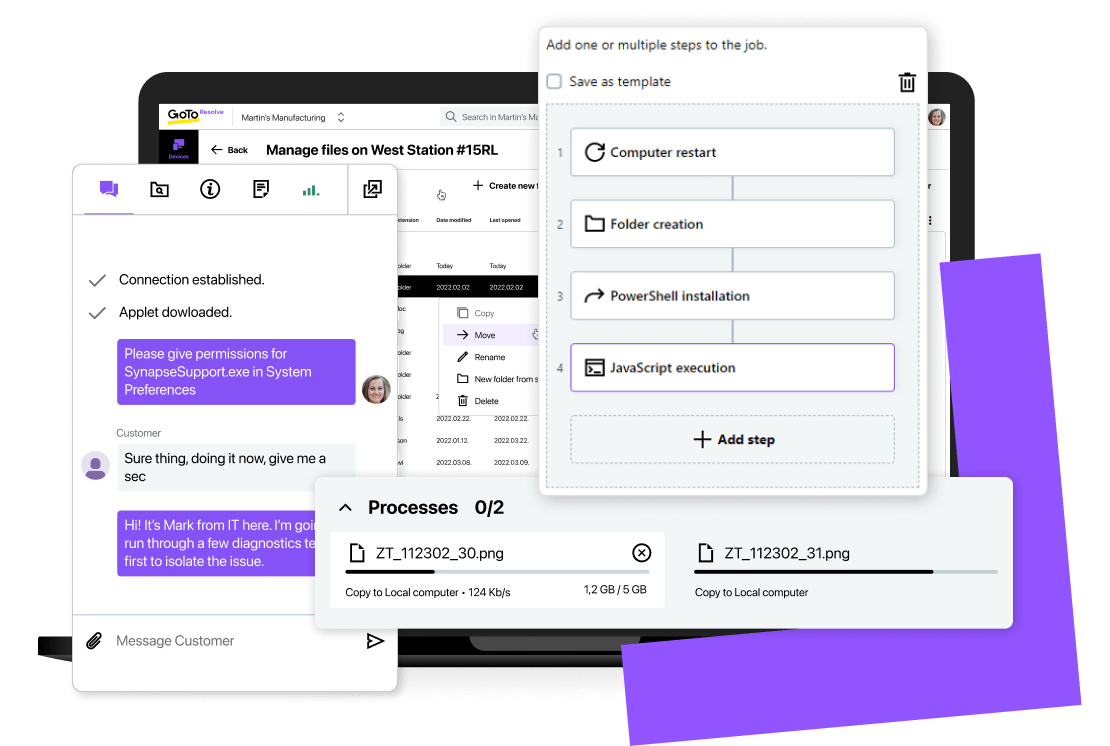 Ordinateur portable affichant une session d’assistance à distance dans GoTo Resolve