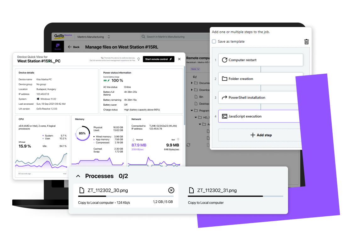 Screen view of CPU performance, memory, processes, events, and more on GoTo Resolve’s Free RMM software.