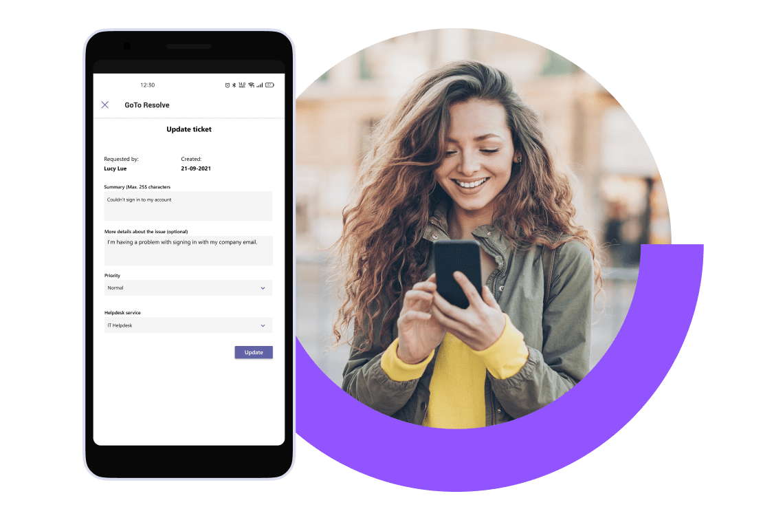 Woman using GoTo Resolve’s Free Remote Monitoring and Management software from a mobile device.