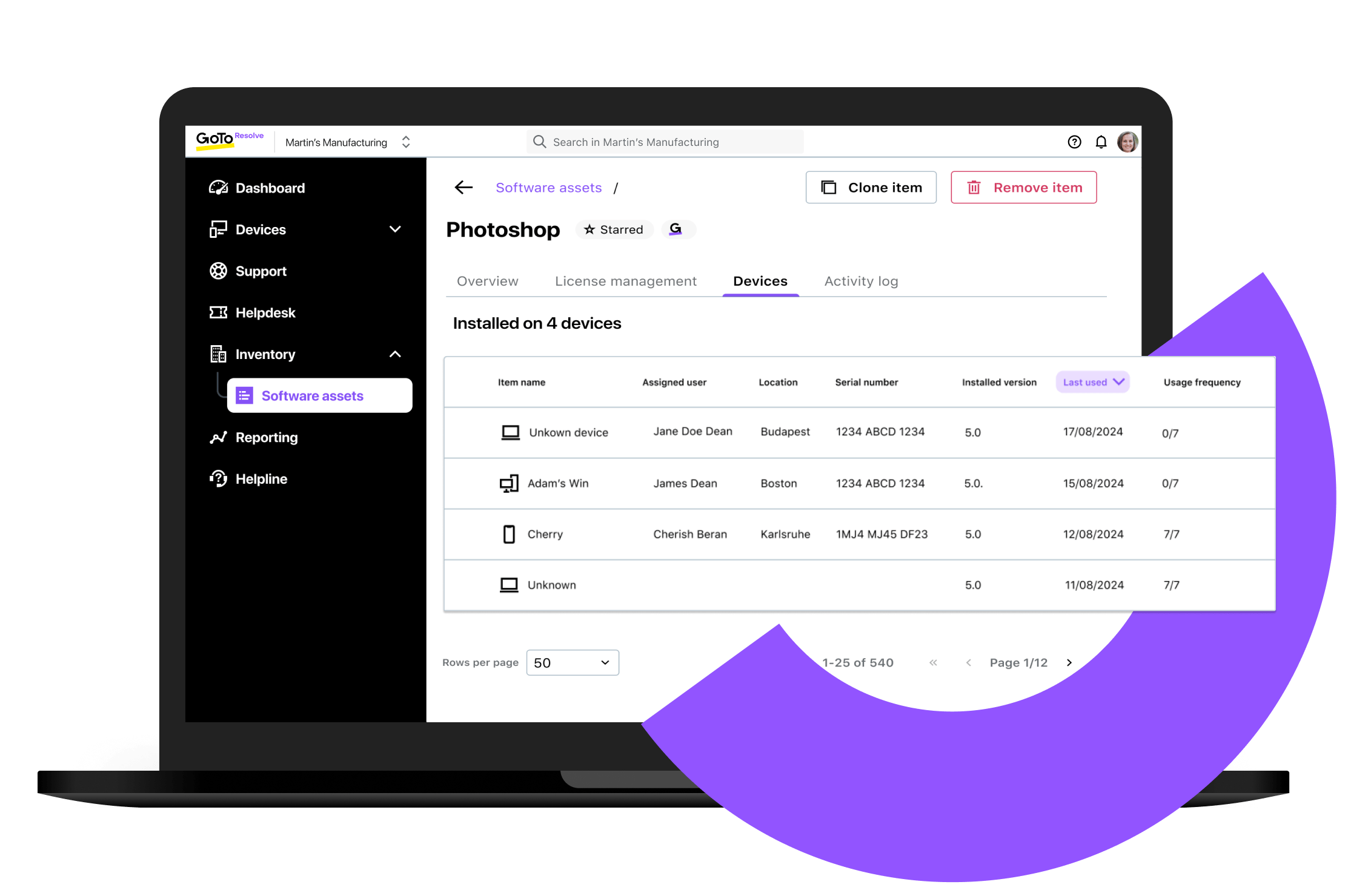 Visualizzazione dell’interfaccia di utilizzo del software GoTo Resolve che mostra Photoshop installato su 4 dispositivi con un elenco di dettagli dei dispositivi.