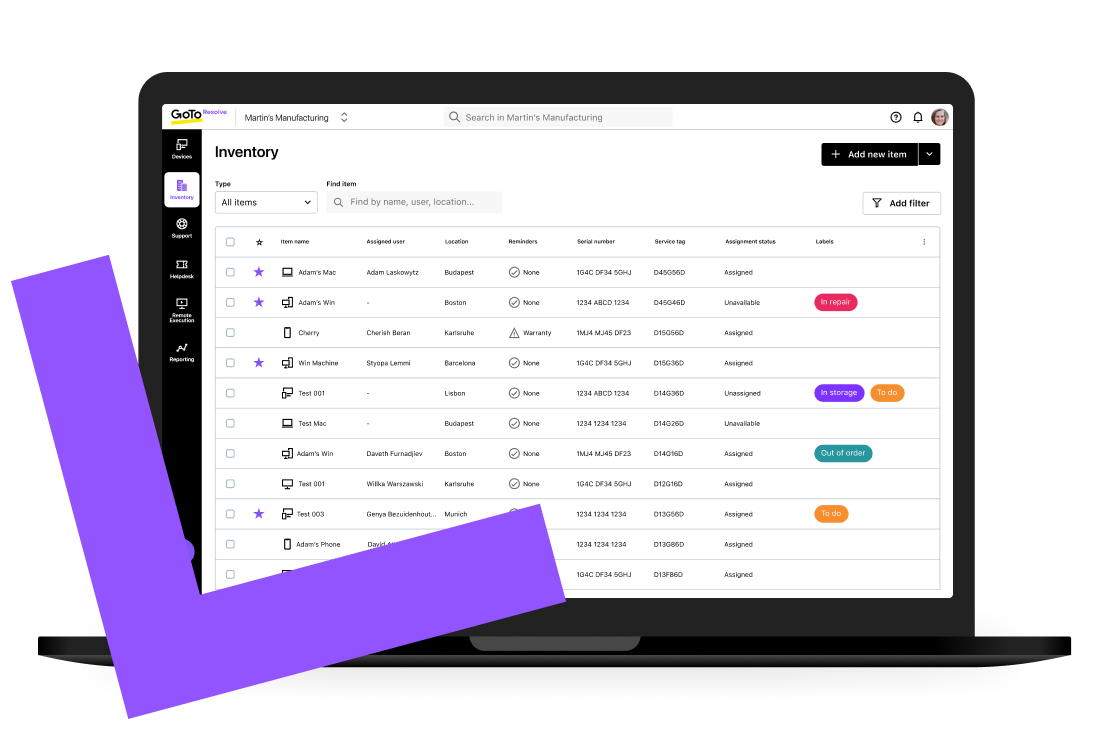 Exemplos de opções de auditoria de dispositivos com o GoTo Resolve.