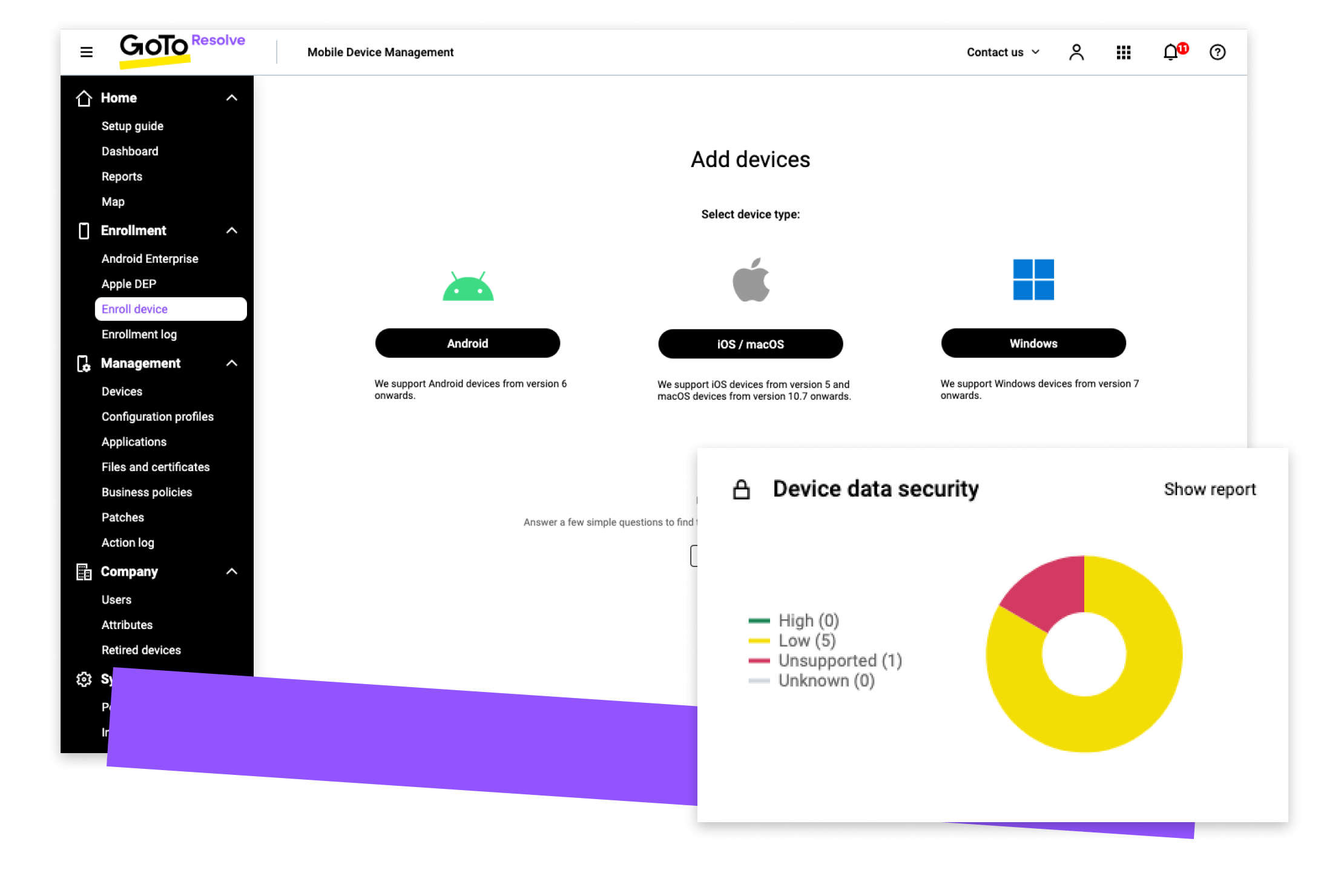 Visualizzazione desktop dell'interfaccia del software MDM per aggiungere dispositivi e del grafico sulla sicurezza dei dati dei dispositivi.