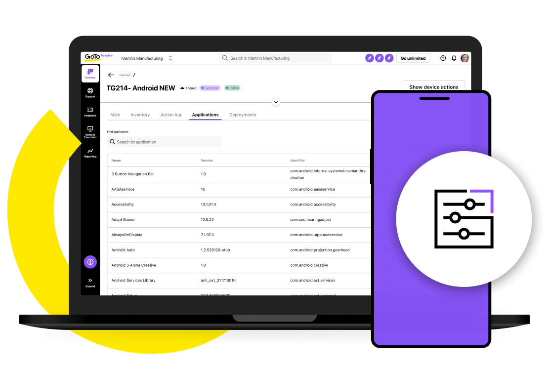 Visualizzazione della schermata delle funzionalità di gestione delle app dei dispositivi di GoTo Resolve.