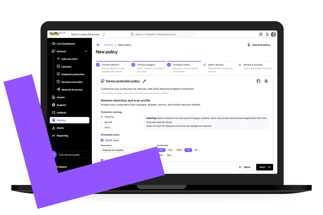 Visualizzazione della schermata delle funzionalità di automazione dei dispositivi e dei criteri dei dispositivi di GoTo Resolve.