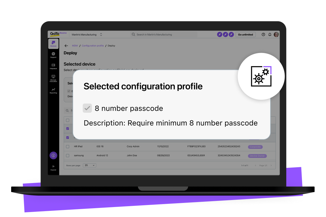 Visualizzazione della schermata delle impostazioni dei profili di configurazione di GoTo Resolve per i dispositivi.
