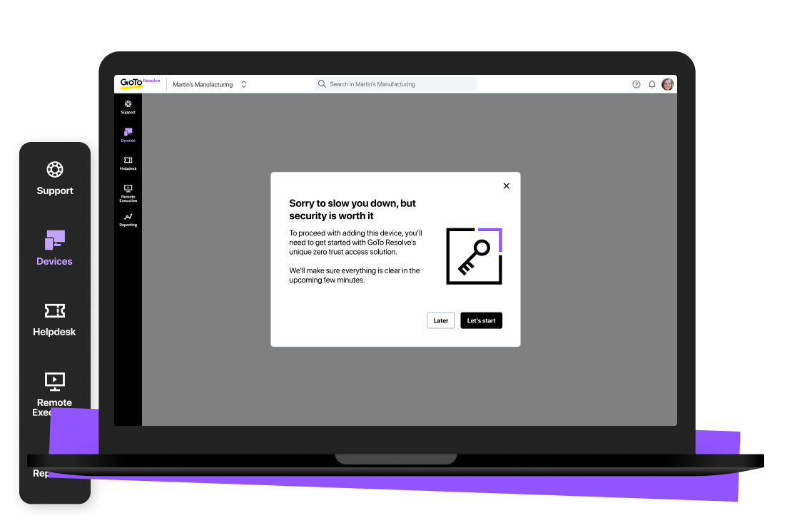 Vista de un agente de la solicitud de su clave de acceso remoto seguro en GoTo Resolve.
