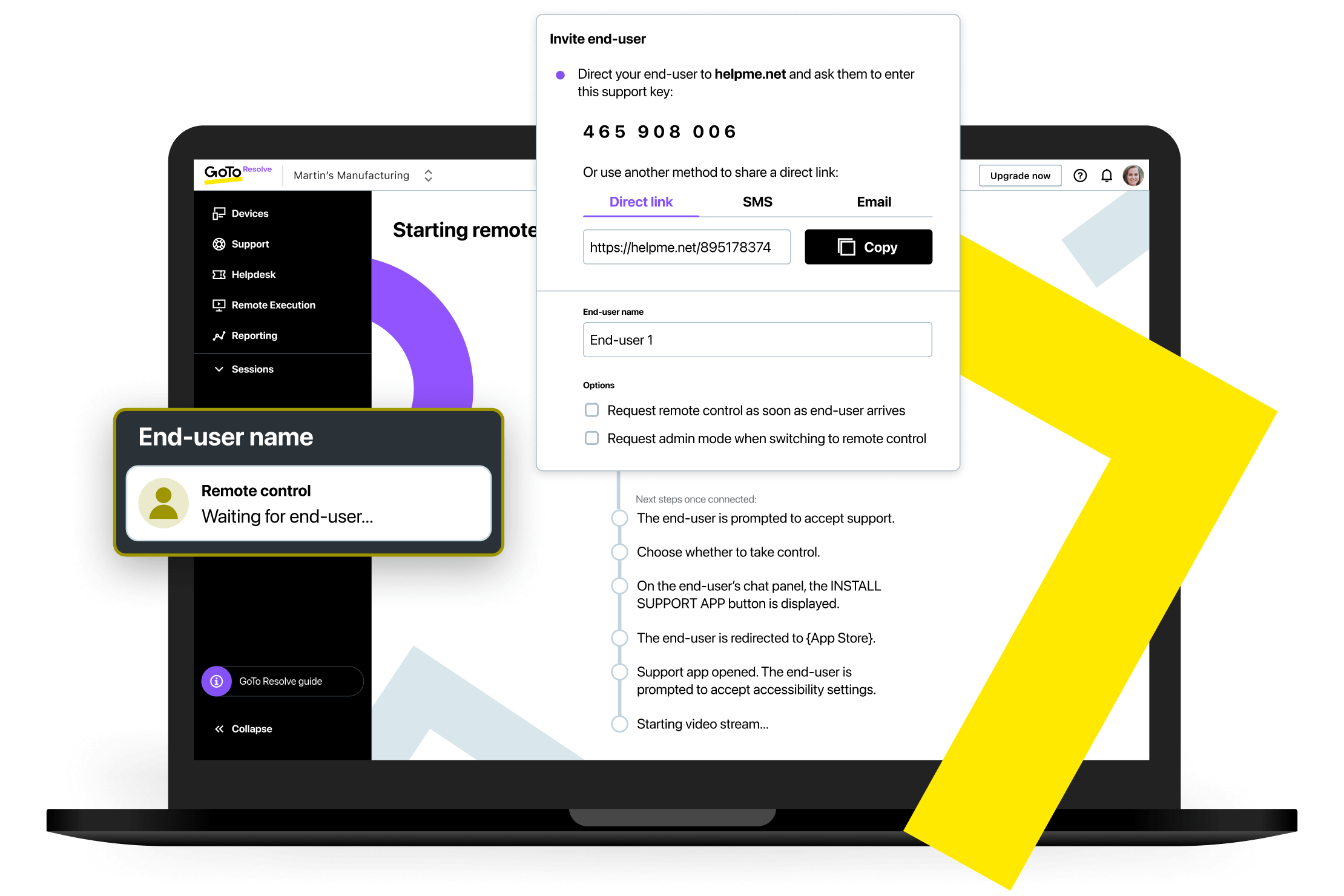 GoTo Resolve interface showing options for inviting an end-user to enter a support key, direct link, or by SMS invitation for ad hoc remote support.