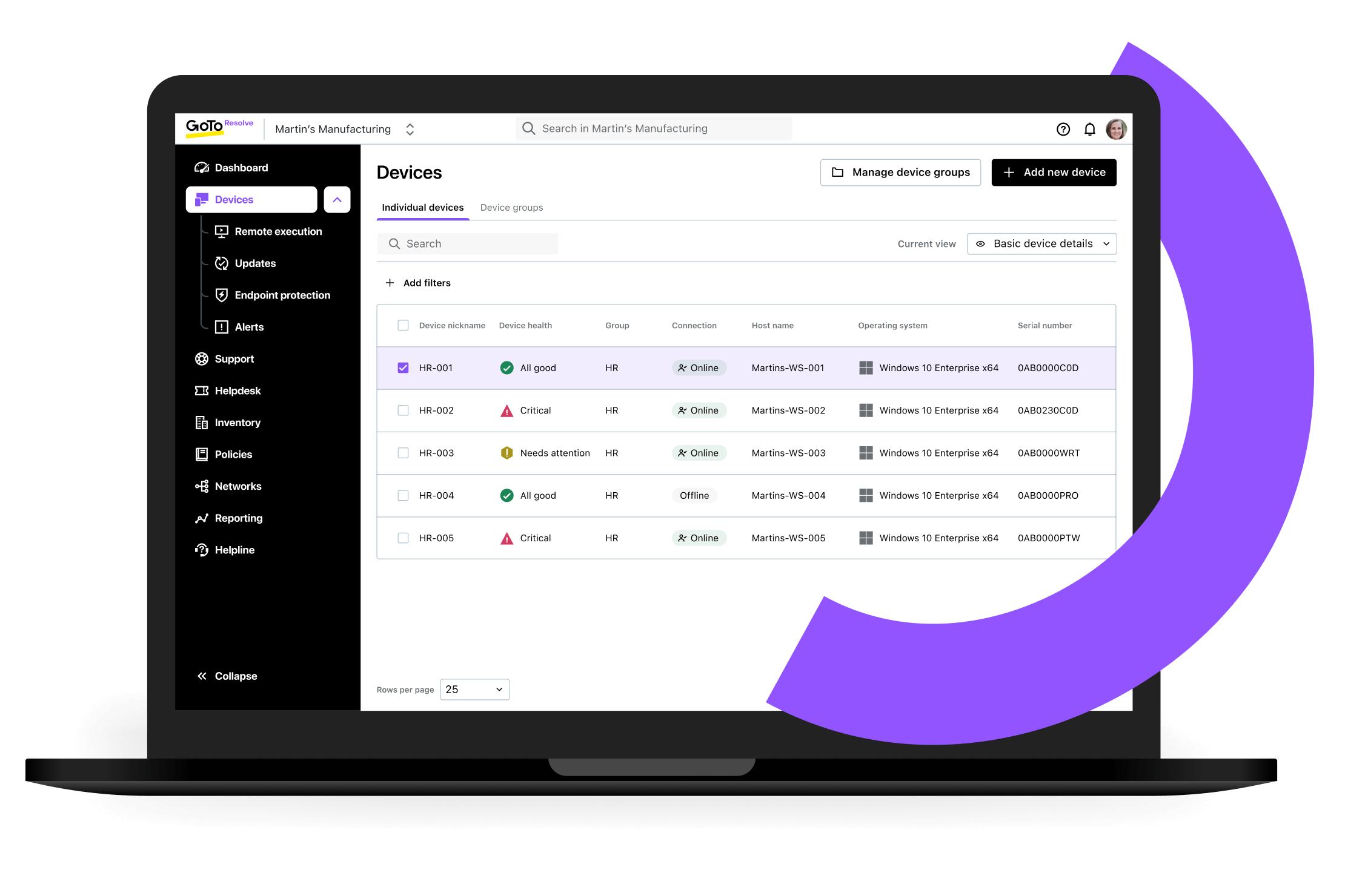 Interfaccia di GoTo Resolve che visualizza una dashboard di gestione del dispositivo, mostrando la capacità di supportare gli utenti finali senza la loro presenza, con dettagli sullo stato del dispositivo, sulla connessione e sul sistema operativo.