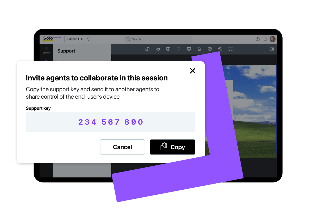 Visualizzazione a schermo della funzionalità di collaborazione multiagente nel software di supporto remoto di GoTo Resolve.