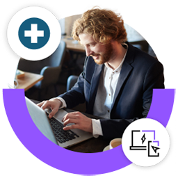 A professional using LogMeIn Rescue to support devices remotely and Rescue logo icon.