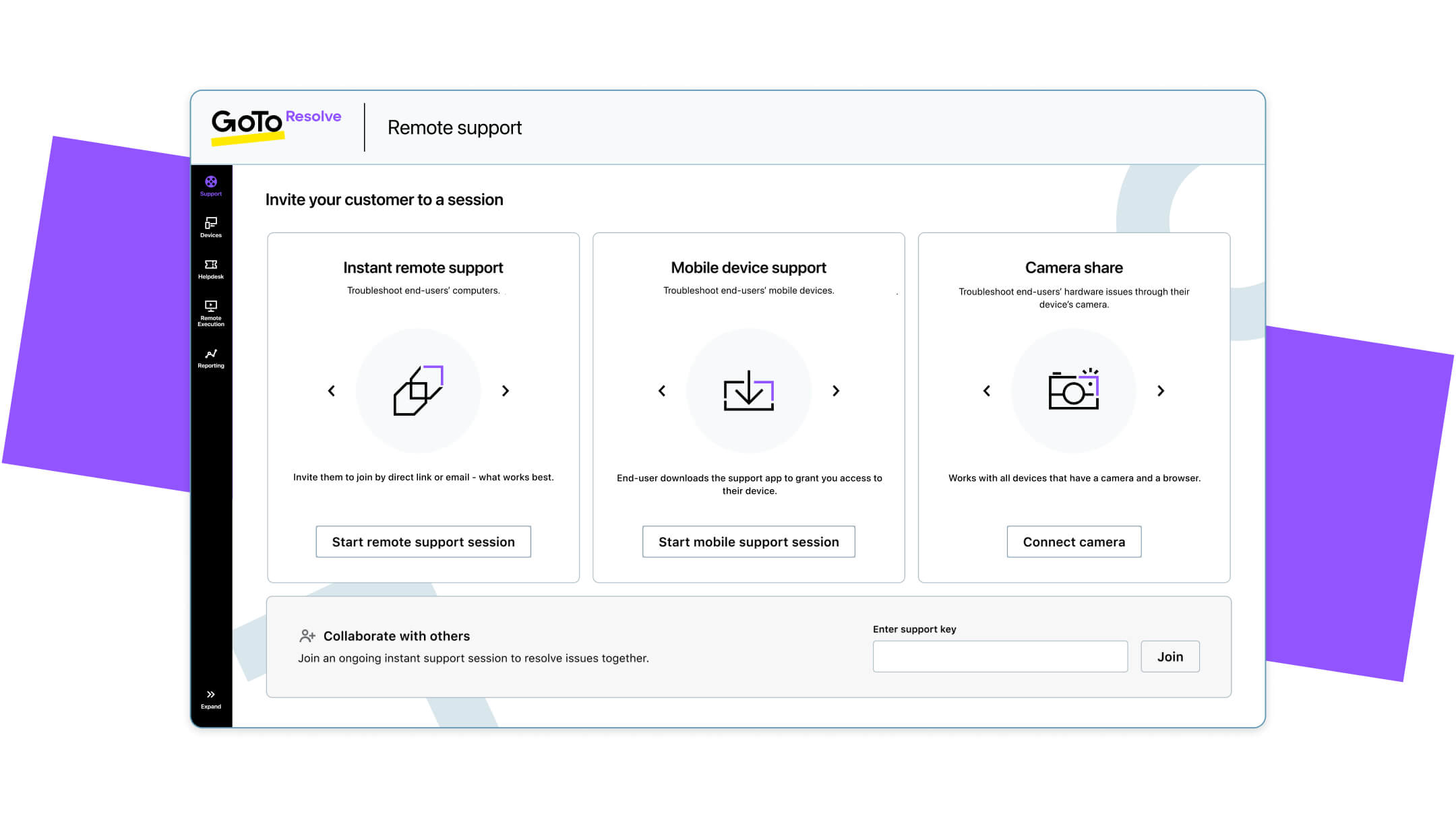 GoTo Resolve dashboard showing remote support options including direct link, email, mobile app, and device camera integration. Click to play video.