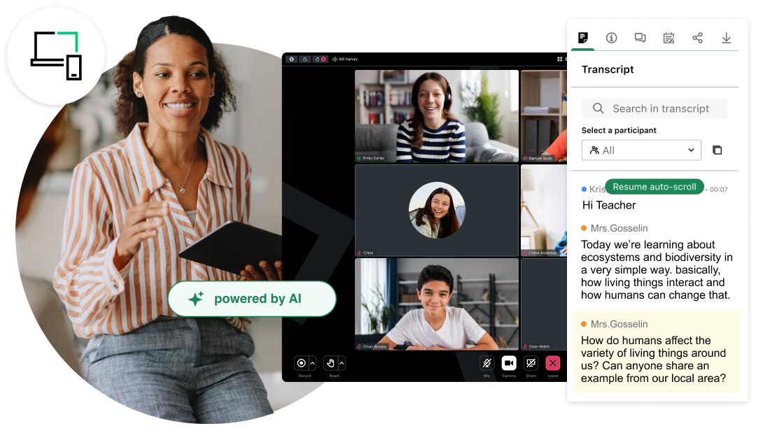 A plataforma GoTo Connect para educação apresenta um professor conduzindo uma sala de aula virtual com alunos, com transcrição interativa e ferramentas de aprendizado com tecnologia de IA.