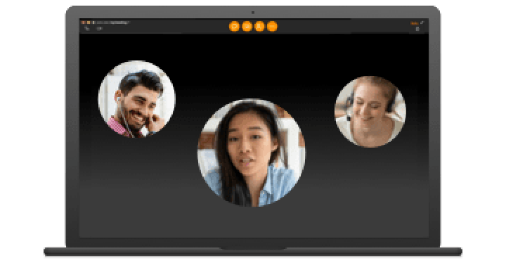 Logotipo do join.me. Abaixo, os integrantes da equipe estão usando o join.me para fazer uma reuniões.
