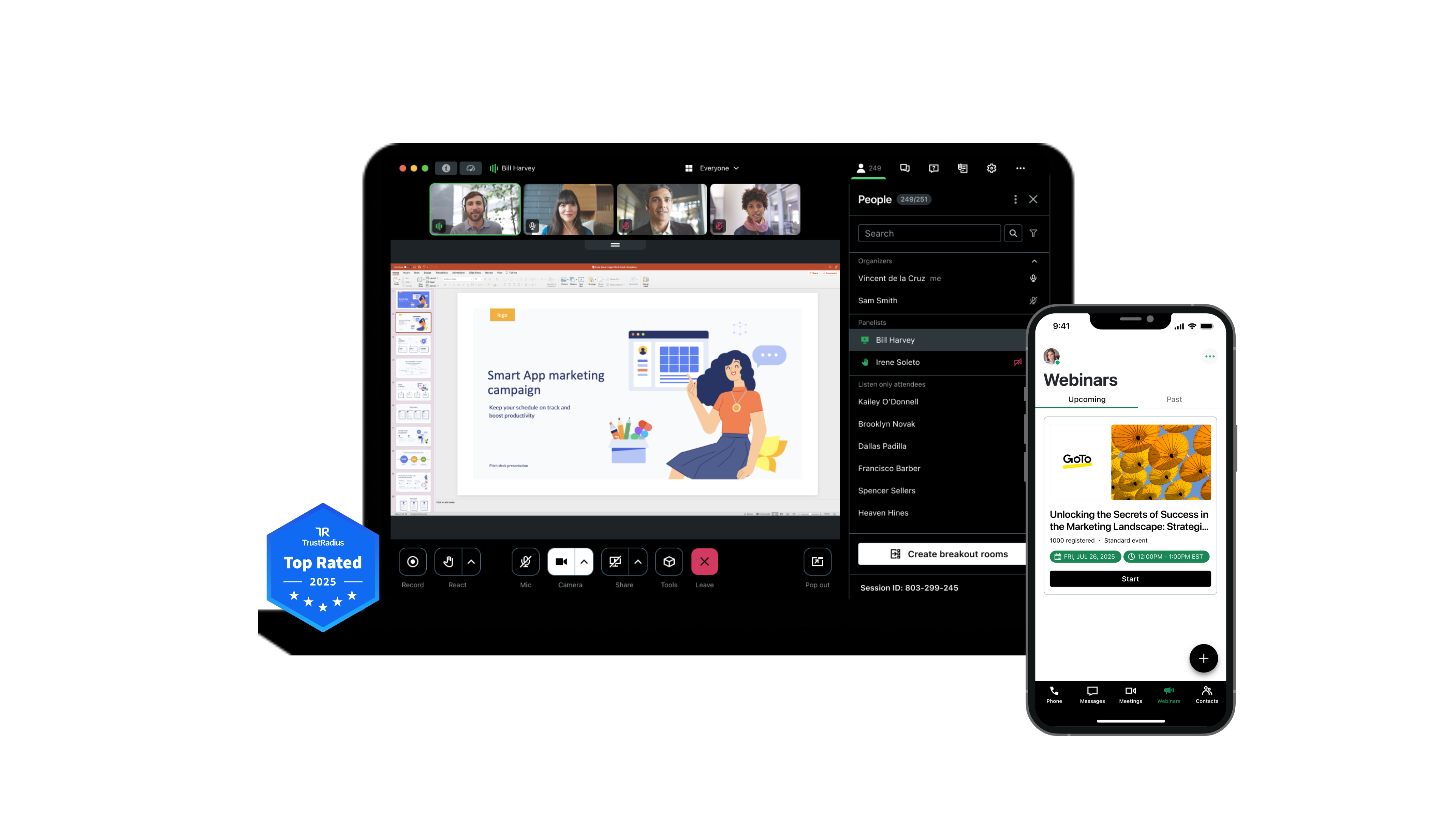 Webinar interface displayed on a tablet, featuring an active conversation; guests can join using mobile or laptop devices.