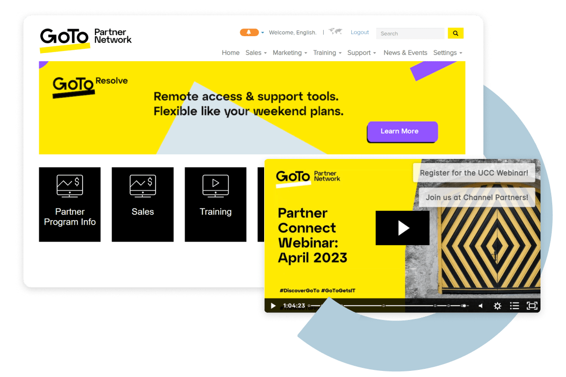 Screens showing the online GoTo Partner Portal, with access to training videos, marketing assets, and more.
