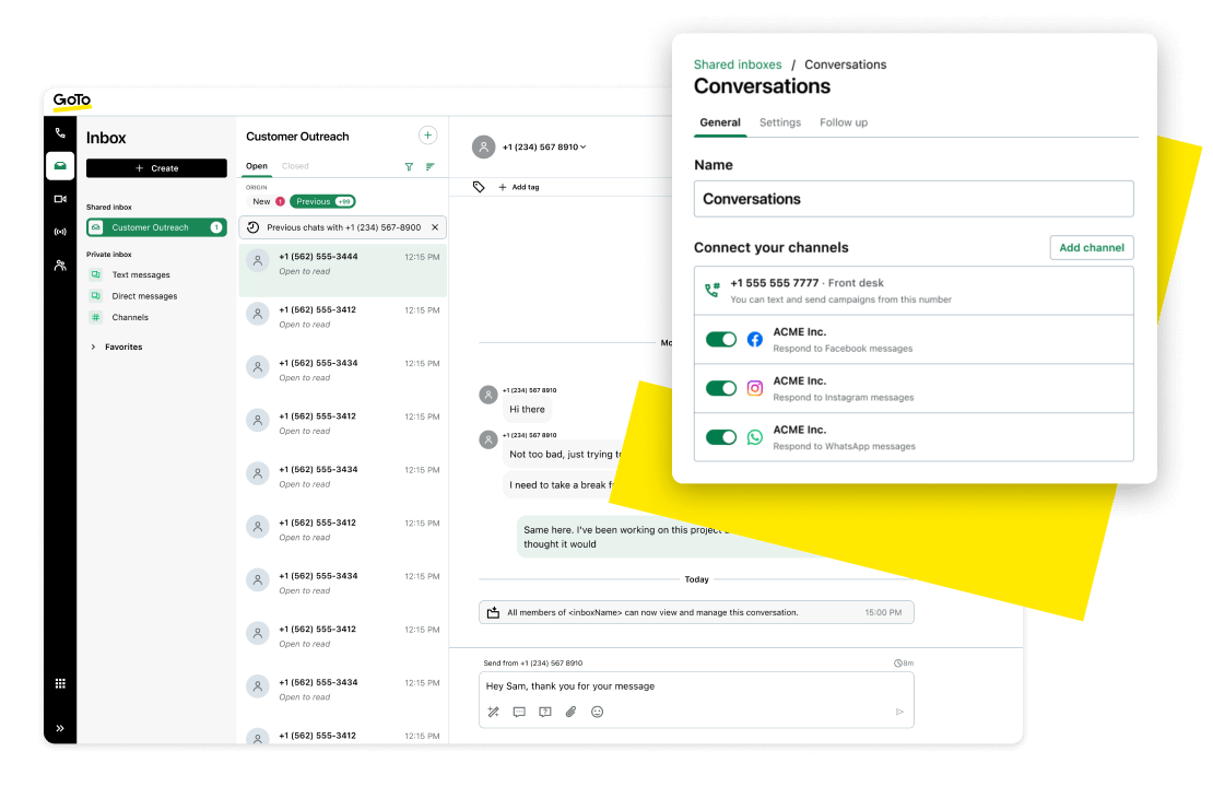 Chatinterface die een gesprek toont tussen een docent en student, geïntegreerd met communicatiekanalen zoals WhatsApp, sociale media en VoIP-telefoongesprekken.