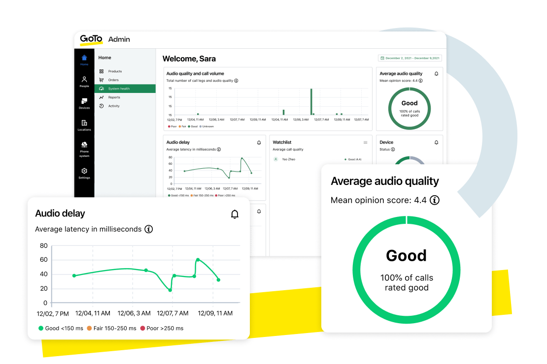  Écrans montrant le panneau d'administration de GoTo Connect, y compris le suivi de la qualité audio et des retards audio.