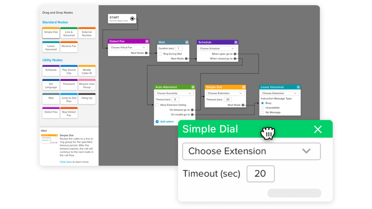 A collage of GoTo Connect’s Call Plan options, including scheduling, detecting faxes, language settings, and playing sound clips.