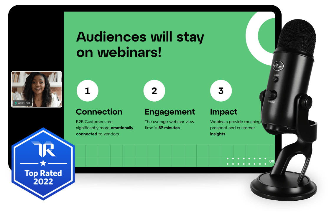 Interface showing GoTo Webinar in session with microphone and Trust Rated Top Rated 2022 badge.