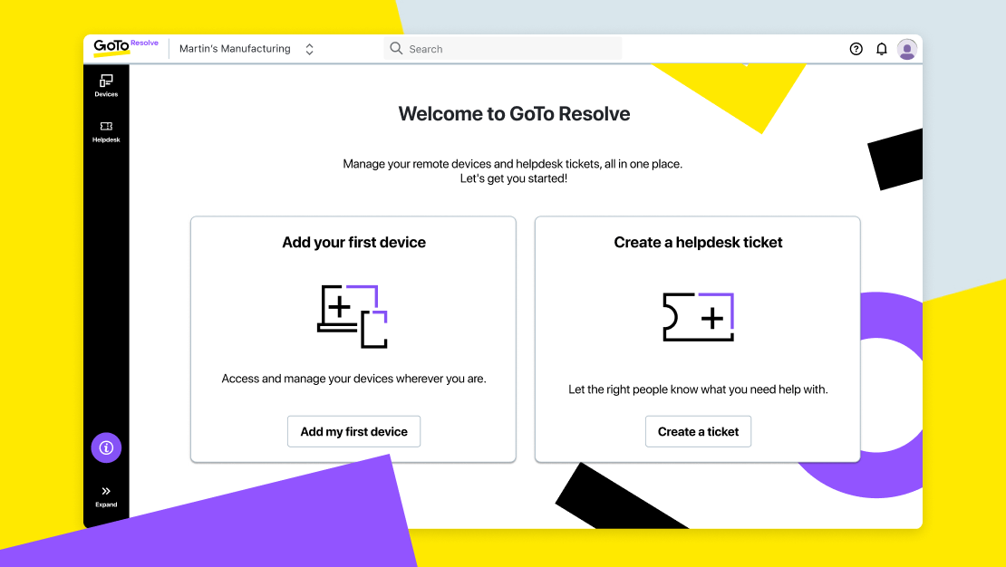 Schermweergave van desktop-app met GoTo Resolve’s nieuwe onboarding-proces.